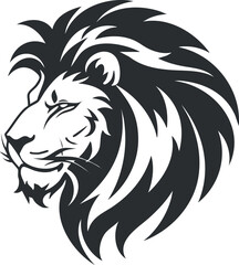 Stylized black and white lion head silhouette with detailed mane and fierce expression.