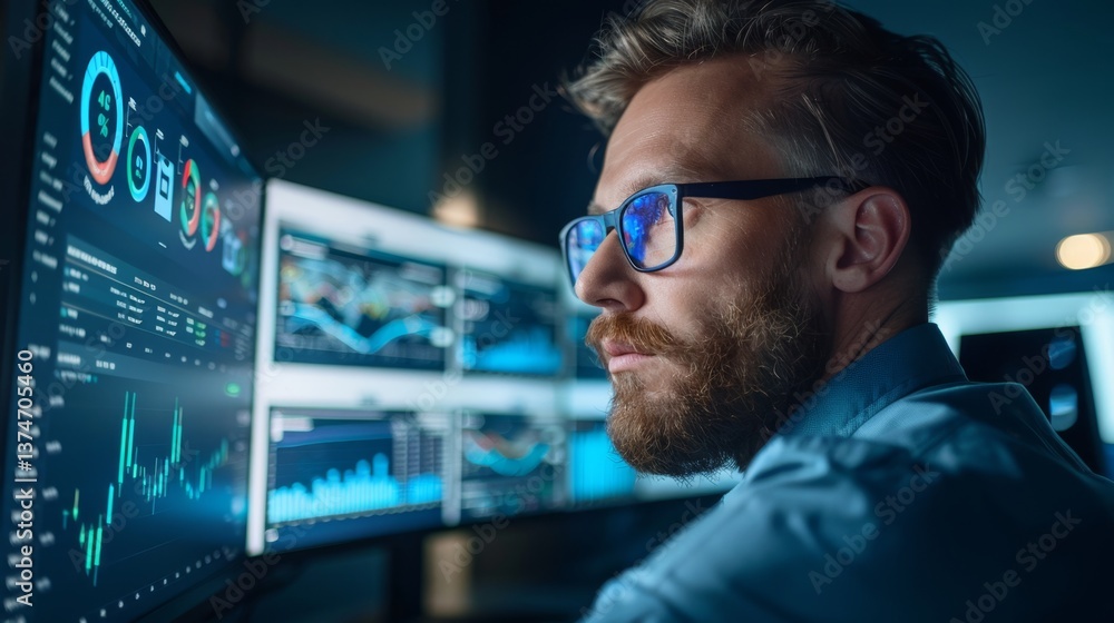 Poster business intelligence specialist analyzing predictive analytics and performance metrics on multiple 