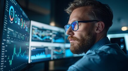 Business intelligence specialist analyzing predictive analytics and performance metrics on multiple screens
