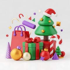 A vibrant and cheerful 3D Christmas scene featuring a stylized Christmas tree, gifts, ornaments, and a shopping bag, all rendered in bright, bold colors against a clean white background.