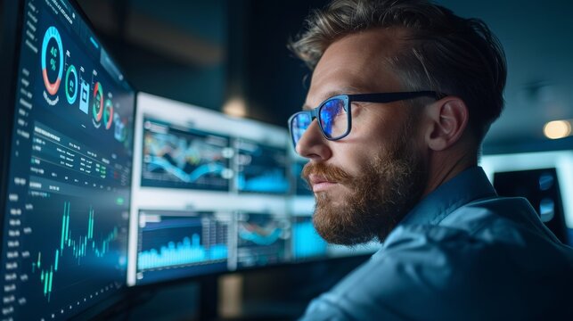 Business intelligence specialist analyzing predictive analytics and performance metrics on multiple screens