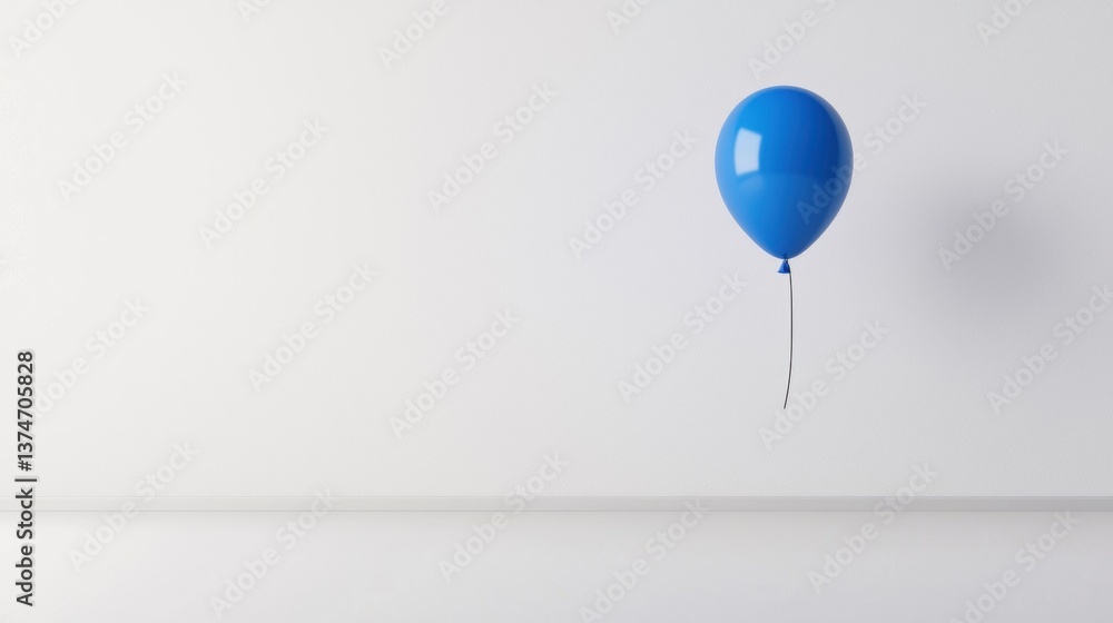 Poster single blue balloon floating in the air against a plain white wall. the balloon is in the center of 