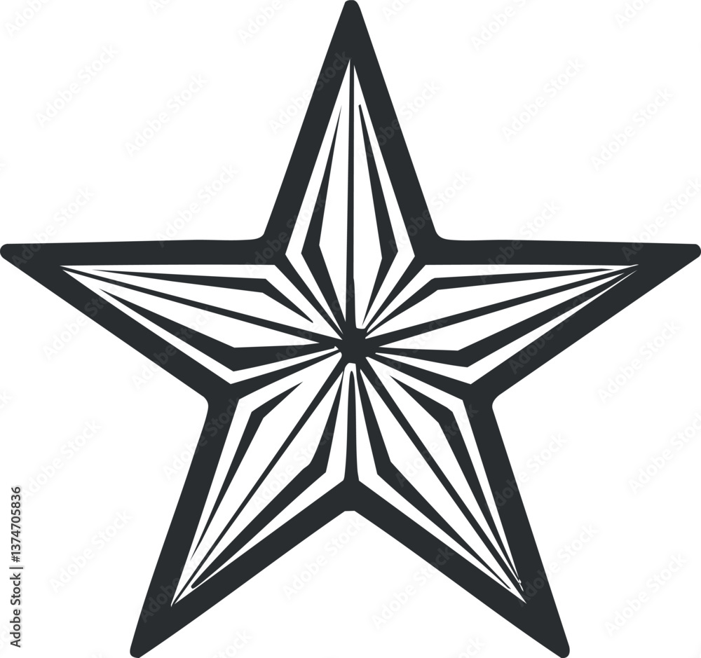 Poster geometric black and white five-pointed star with intricate line pattern design.