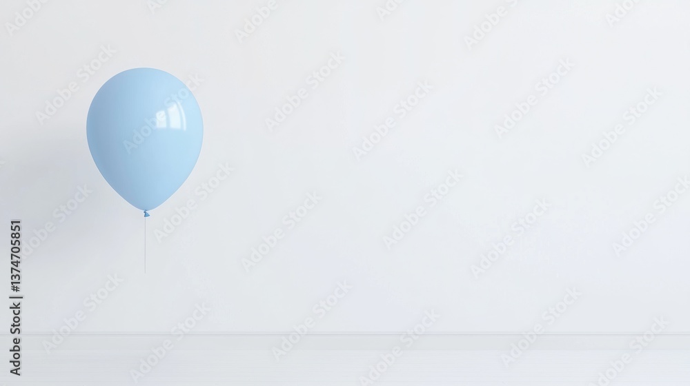 Poster single light blue balloon floating in the air against a plain white wall. the balloon is in the cent