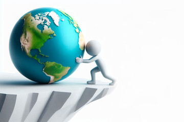 A man holds a globe on the edge of a cliff, symbolizing responsibility. Space for text.