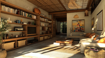 Ethno boho concept of living room area with wooden shelf, rattan decoration and personal accessories. Copy space. Home decor. Template.	
