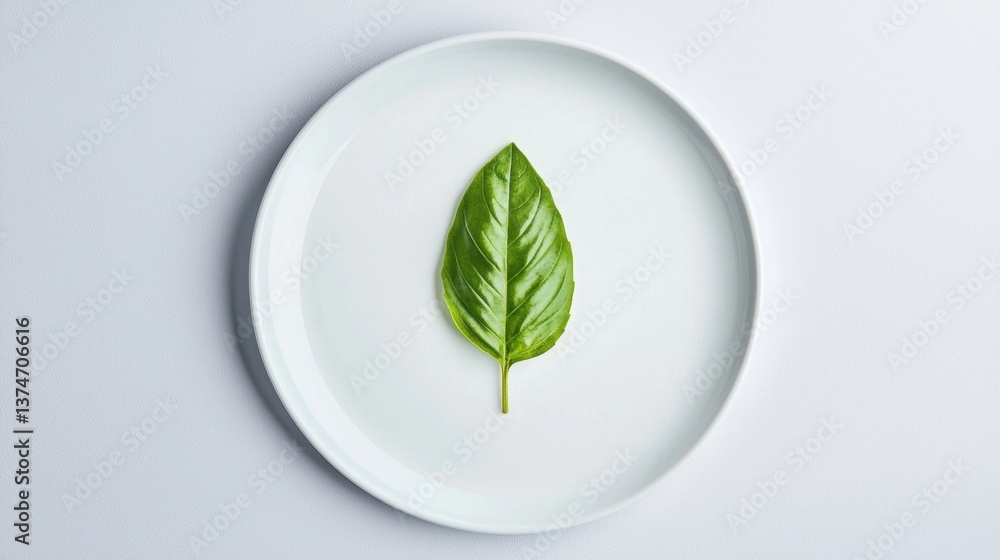Fototapete flat lay of a white plate with a single green leaf on it. the plate is oval in shape and has a smoot