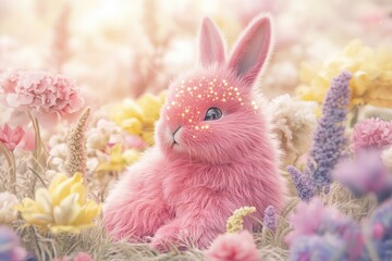 Fototapeta premium A fluffy pink bunny sits amidst a magical field of pastel flowers, sparkling with golden dust.