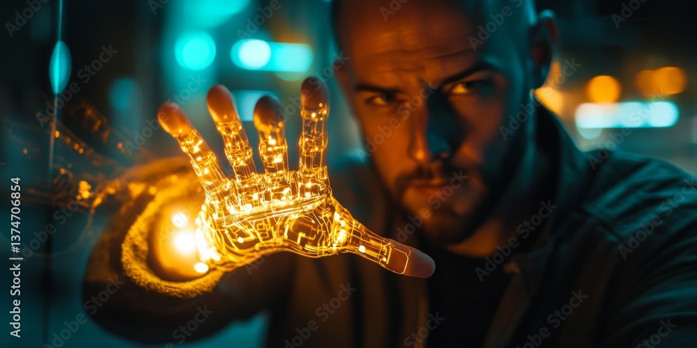 Aufkleber a man with a glowing robotic hand in a dark urban setting. the image portrays a fusion of technology