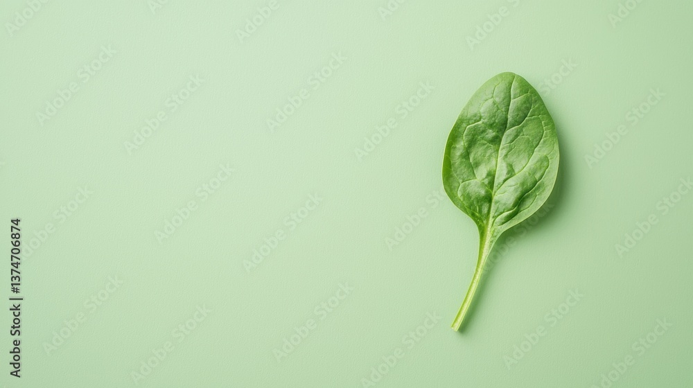 Poster flat lay of a single green leaf on a light green background. the leaf is in the center of the image 