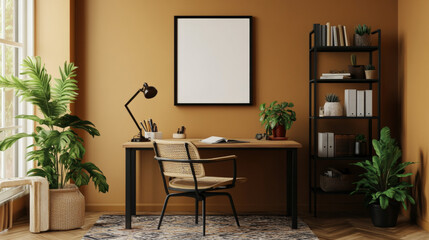 Creative composition of workplace interior with mock up poster frame, wooden desk, rattan chair, black rack, patterned rug, plant, brown wall, books and personal accessories. Home decor. Template.