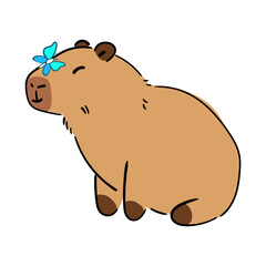 Cute Capybara illustration with a butterfly. Vector illustration for greeting card, prints, pattern, sticker and posters. isolated on white,