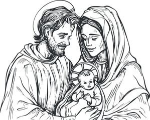 Black and white illustration of the Holy Family, depicting Mary, Joseph, and baby Jesus. © vadymstock