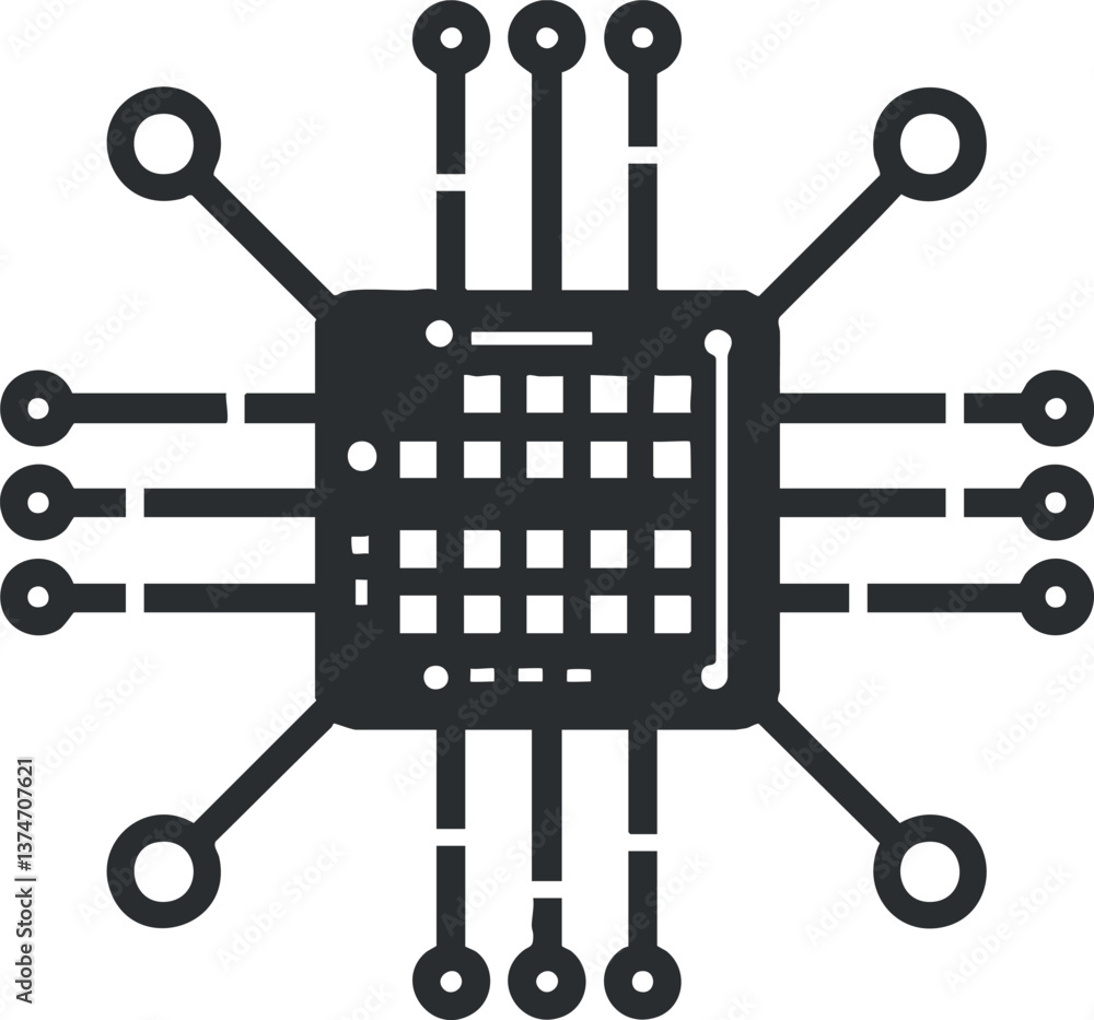 Poster abstract black and white circuit chip icon representing technology and digital innovation concepts.