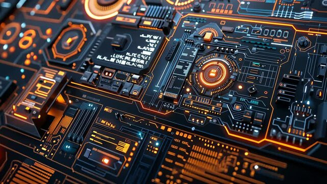 Futuristic Cyberpunk Circuit Board with Glowing Orange Interfaces on Green Screen