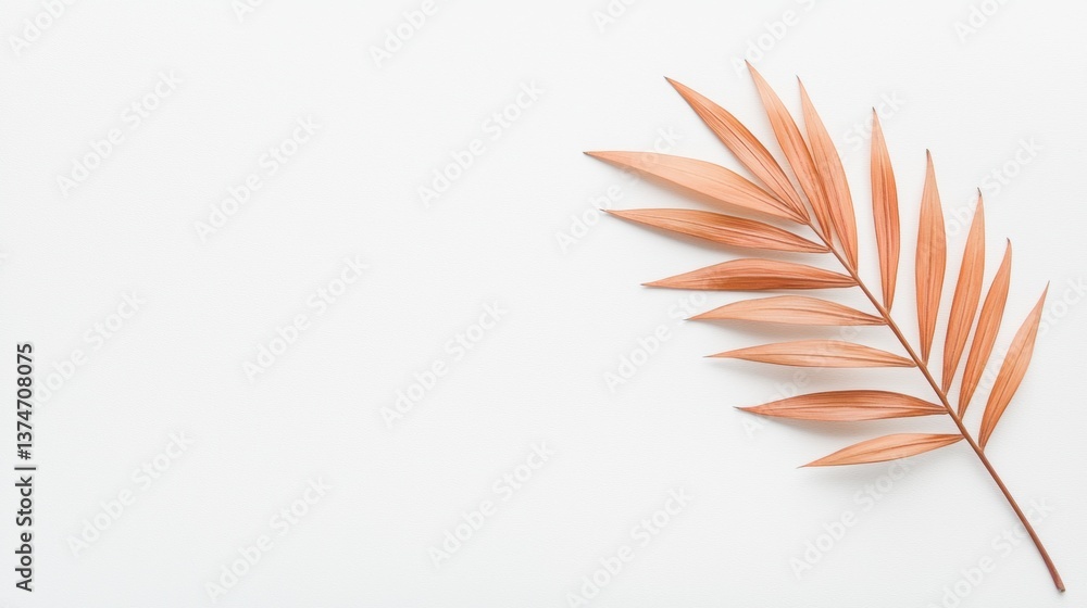 Fototapete flat lay of a single orange palm leaf on a white background. the leaf is elongated and has multiple 