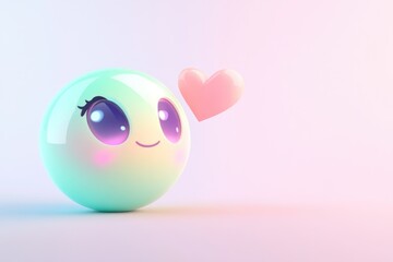 A cute, pastel-colored 3D character with big eyes smiles gently near a pink heart.