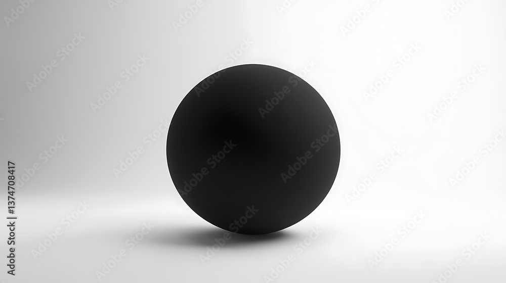 Poster minimalist composition of a dark matte sphere casting a soft shadow against a gradient white backgro