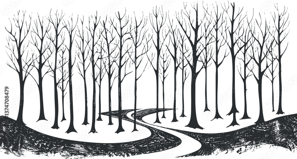Poster monochrome illustration of a forest with a winding path through bare trees in silhouette.