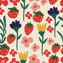 A colorful painting of fruits and flowers with a bright and cheerful mood