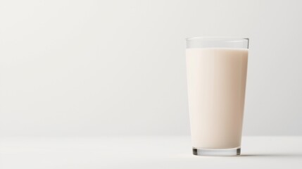 Tall glass of milk on a plain white background. the glass is made of clear glass and has a round base. the milk is a light beige color and appears to be creamy and smooth.