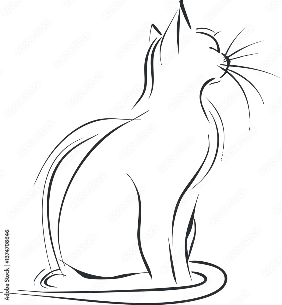 Poster minimalist line drawing of a sitting cat with elegant whiskers and a curved tail.