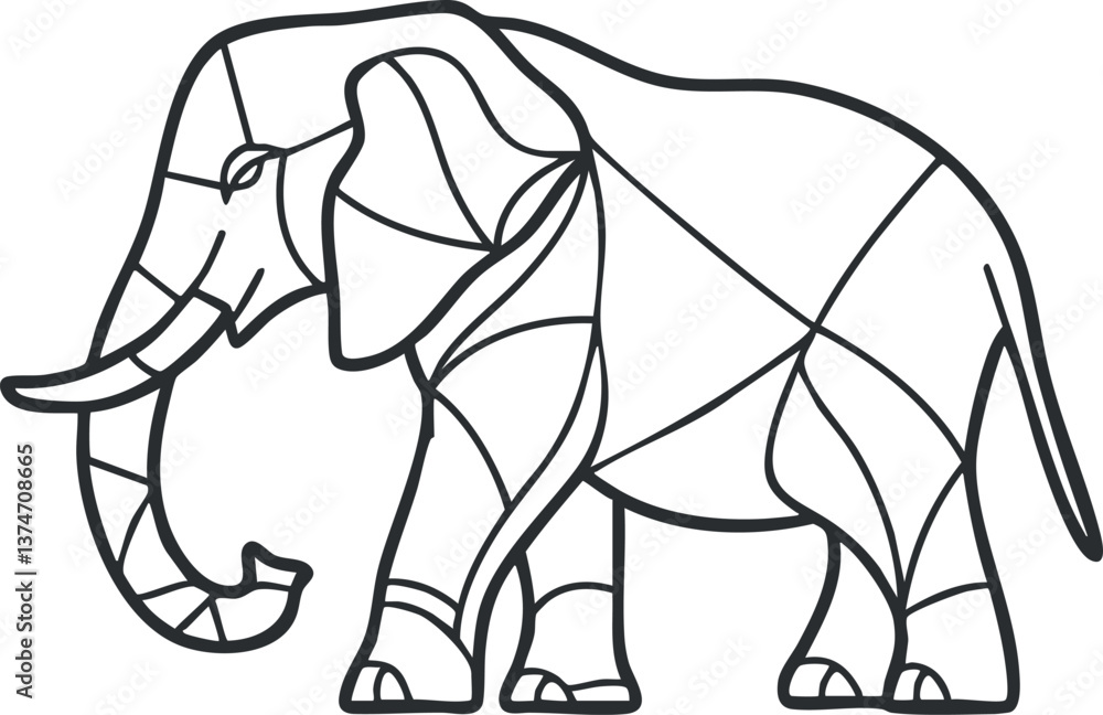 Poster abstract line art illustration of an elephant with geometric patterns in black and white.
