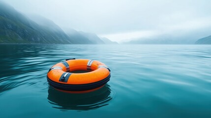Orange lifebuoy floating on calm water with misty mountains in background