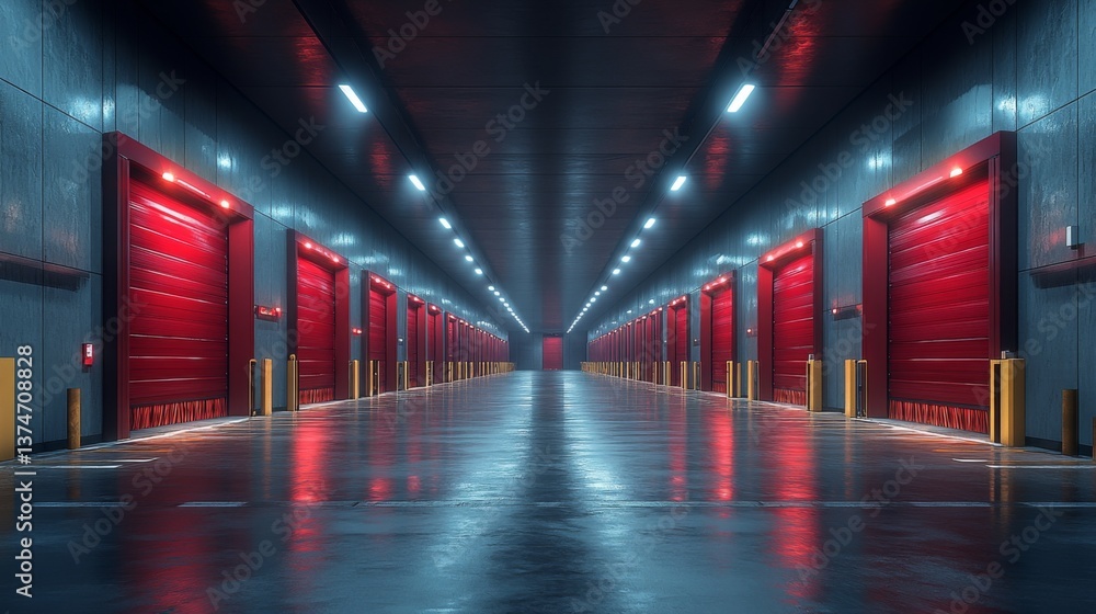 Poster bright red loading bays extend along a spacious warehouse interior, illuminated by overhead lights.