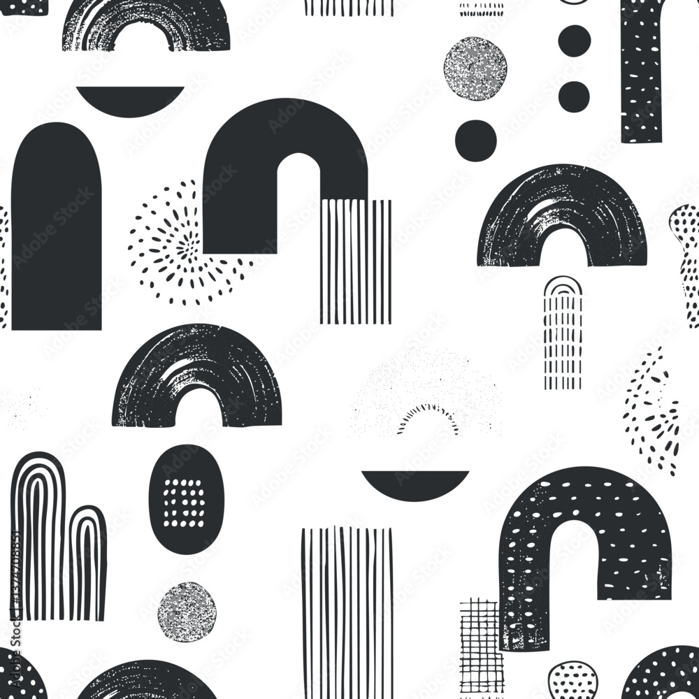 Poster monochrome abstract pattern with geometric shapes and textures in black and white design.