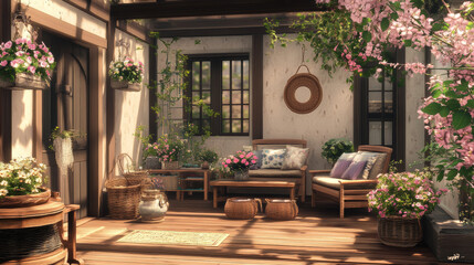 Interior design of warm terrace interior with garden armchair, pillows, vase with flowers, braided basket, plaid, big window, bowl, wooden floor and personal accessories. Home decor. Template.