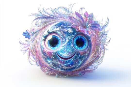 A whimsical cosmic character with iridescent hair, large eyes, and flowers, radiating joy and wonder.