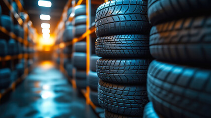 Car tires stacked high in warehouse storage area with dramatic lighting