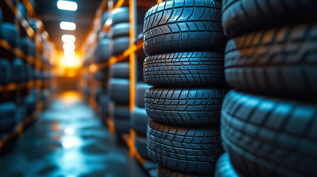 Car tires stacked high in warehouse storage area with dramatic lighting - Powered by Adobe