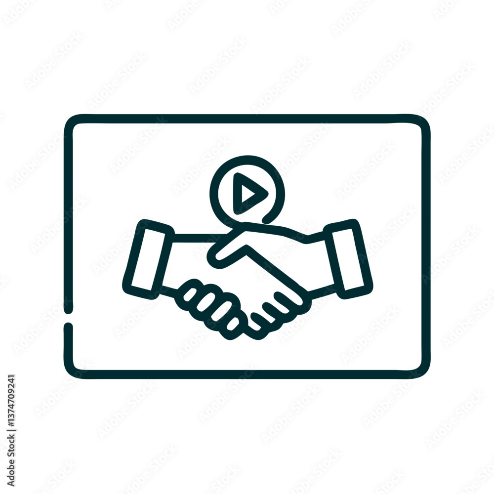 Poster handshake icon representing partnership with play button background