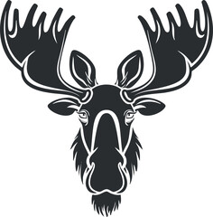 Stylized black and white moose head illustration with prominent antlers on white background.