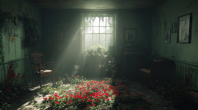 Overgrown room with sunlight pouring through window, plants and red flowers covering the floor