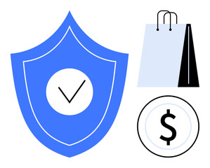 Blue shield with a checkmark, shopping bag, and dollar coin emphasize safe shopping and economic security. Ideal for e-commerce, finance, trust, protection, payment systems, consumer safety flat