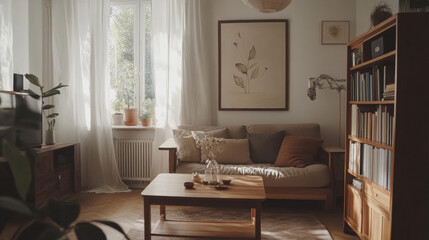 Japandi style living room with mock up poster frame, design wooden commode, unique furniture, decoration and elegant personal accessories. Neutral interior in scandinavian house. Cozy home decor.