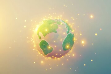 Fototapeta premium Stylized 3D Earth model glowing with golden sparkles, representing environmental protection or global connectivity.