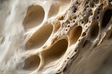 Eroded sandstone rock formation with numerous holes and cavities, showing texture and patterns of natural weathering.