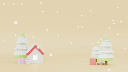 Snow falling on trees and houses