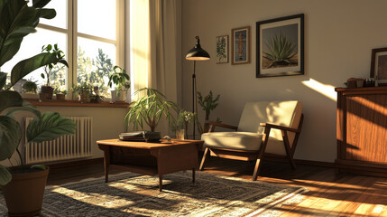 Fototapeta premium Interior design of aesthetic and minimalist living room with boucle armchair, wooden coffee table, pedant lamp, beautiful leafs in vase, decoration and personal accessories. Copy space. Home decor. 