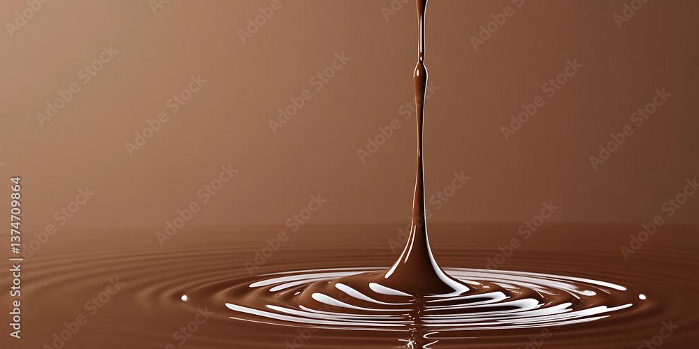 Poster chocolate pour: a stream of smooth, dark chocolate pours, creating concentric ripples in a pool of c