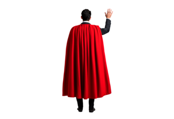 Man in a red cape standing with raised hand isolated on transparent background