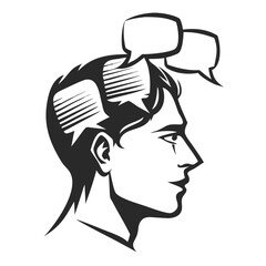 Dialogue Bubbles: A thoughtful monochrome illustration showcases a person's head, with speech bubbles representing internal dialogue or thoughts.