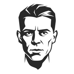 Man's Face, Strong Gaze: A striking illustration of a man's face, rendered in stark black and white, with intense eyes and strong features, conveying a sense of determination. 