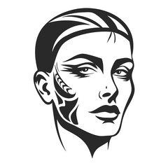 Tattooed Face: A stylized, graphic portrait of a woman with a unique facial tattoo, rendered in bold black and white lines.
