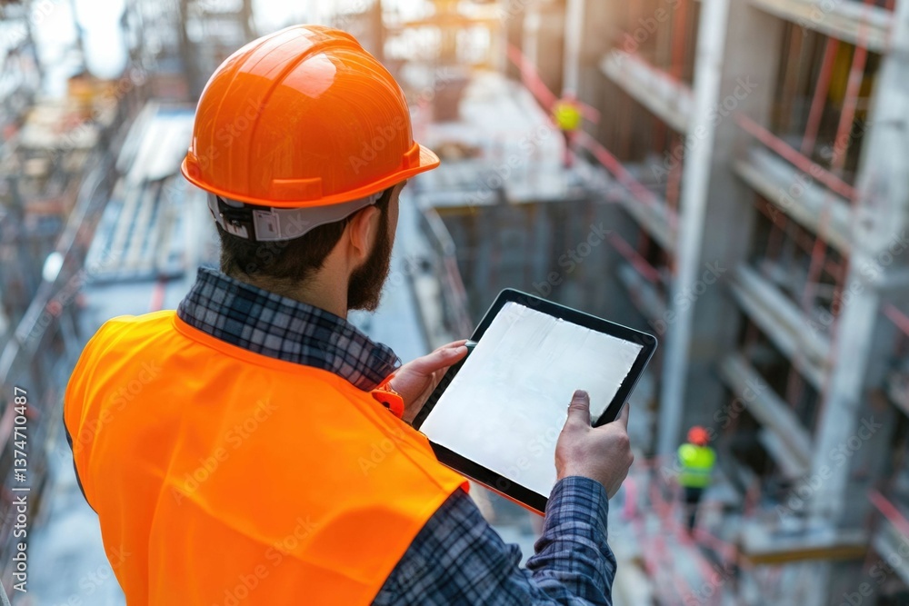 Aufkleber civil engineer or architect with hardhat on construction site checking schedule on tablet computer