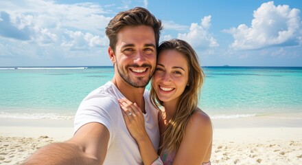 Happy couple taking a selfie on a tropical beach